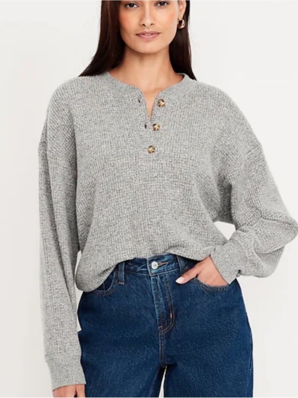 Old Navy Heathered Light Gray Waffle Knit Long Sleeve Henley M